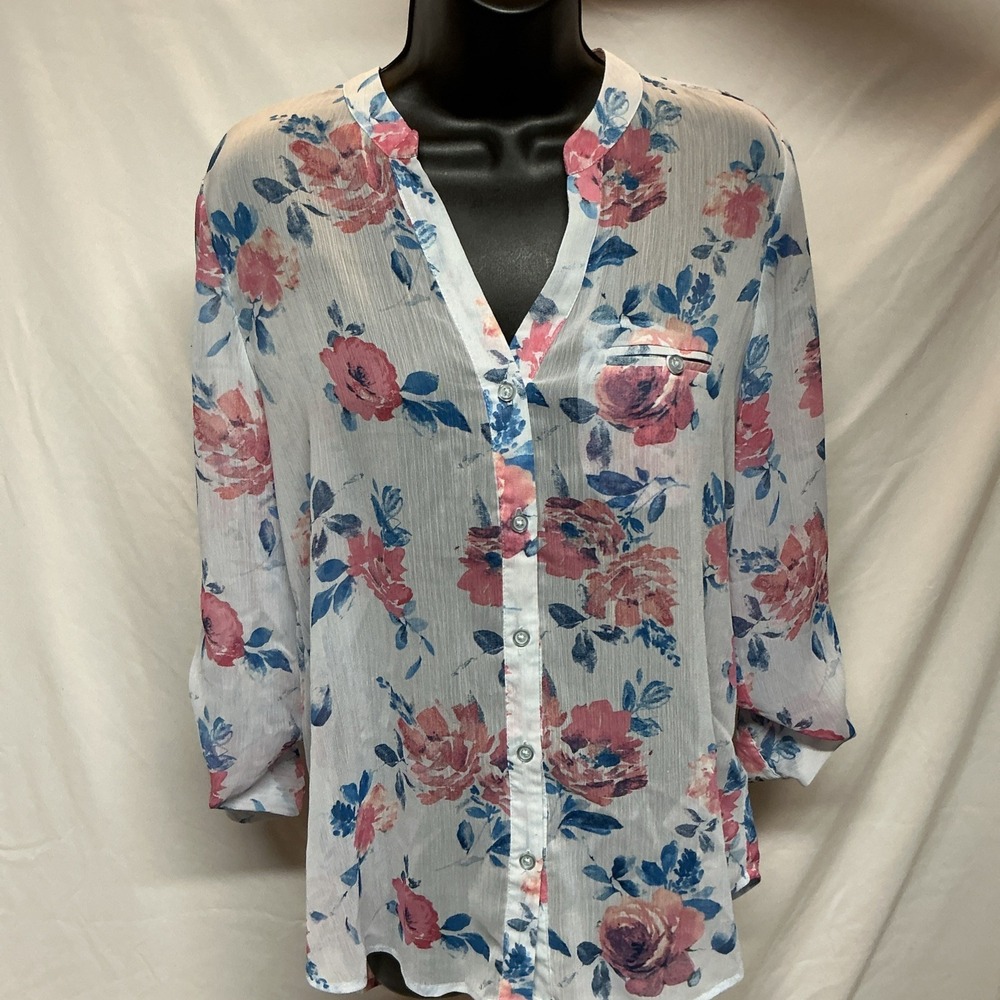 Kut From The Kloth Womens S Floral Semi Sheer Top‎ 3/4 Or Longslv Cottage Girly